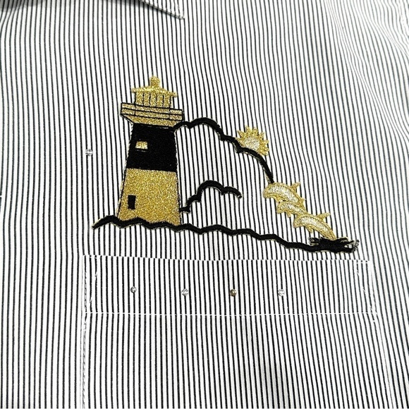 Vintage Las Olas Nautical Embroidered & Embellished Button Down Striped Shirt - Picture 2 of 6